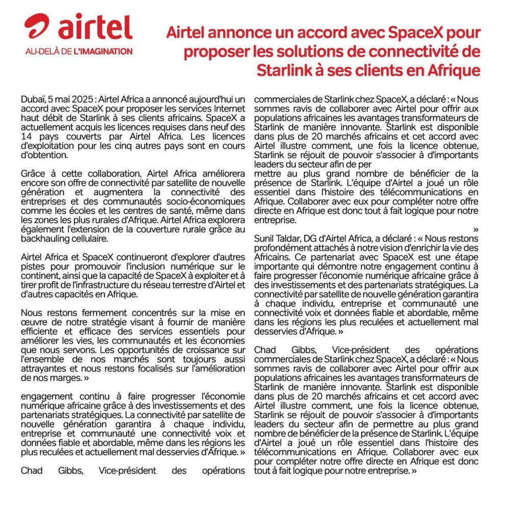 Airtel Africa s'associe à SpaceX pour étendre la connectivité Internet par satellite en RDC et en Afrique