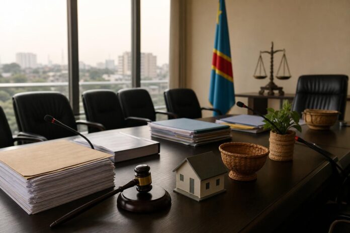 Réunion institutionnelle sur la protection des veuves et orphelins dans une salle à Kinshasa
