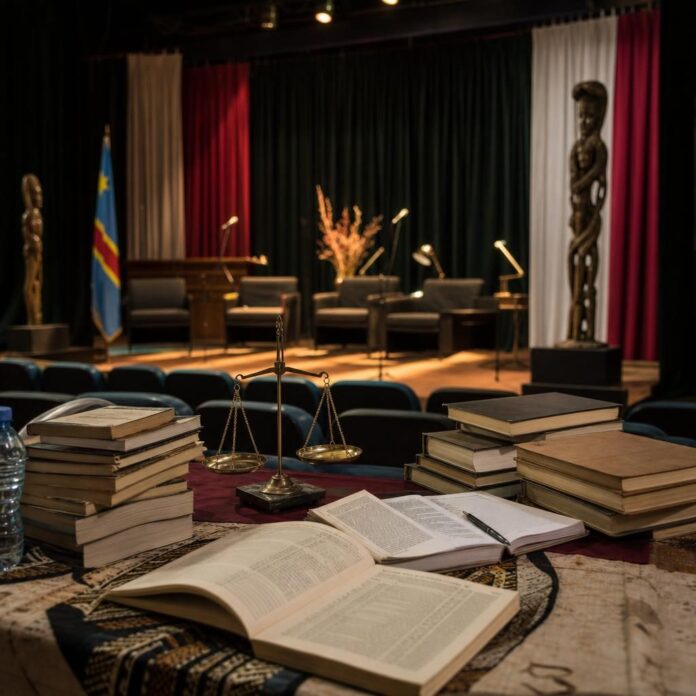Salle d activites du ministere de la Culture a Kinshasa lors d une seance de lectures publiques avec livres et scene sobre