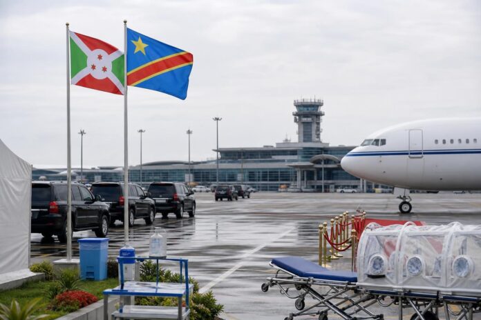 cortège officiel sur le tarmac de l’aéroport de N’djili avant une visite d’État à Kinshasa