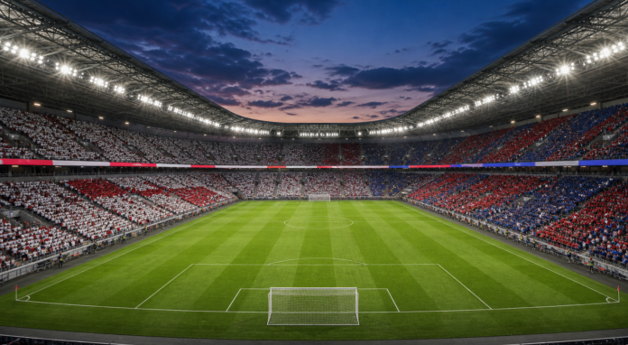 Illustration éditoriale neutre d'un stade de football pour un match Angleterre-Costa Rica
