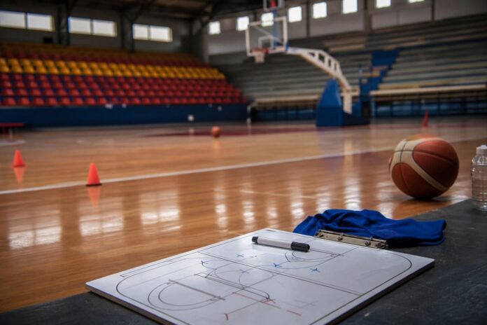 Joueurs de basketball s'entraînant sur un terrain intérieur à Kinshasa