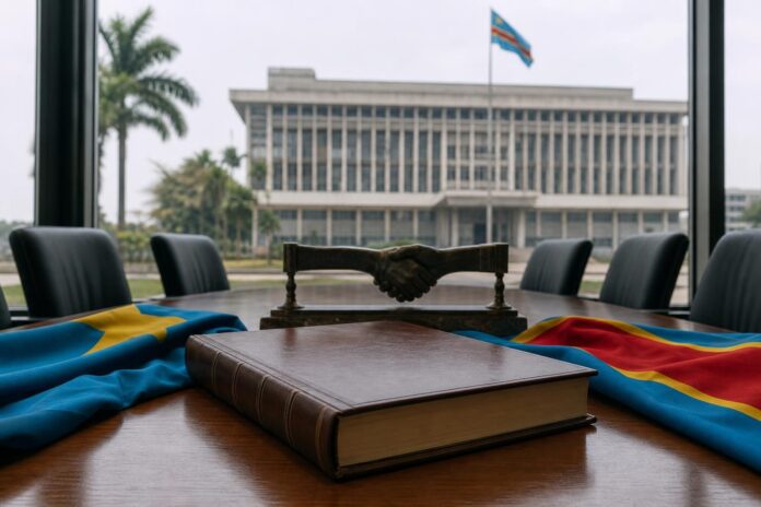 Bâtiment institutionnel à Kinshasa avec drapeau congolais, exemplaire de la Constitution et ambiance de tension politique