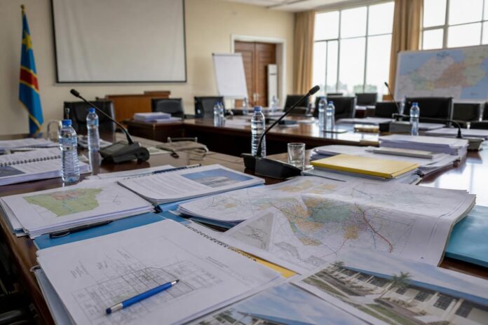 Salle de conference institutionnelle a Kinshasa avec documents de travail, micros et dossiers sur le developpement social