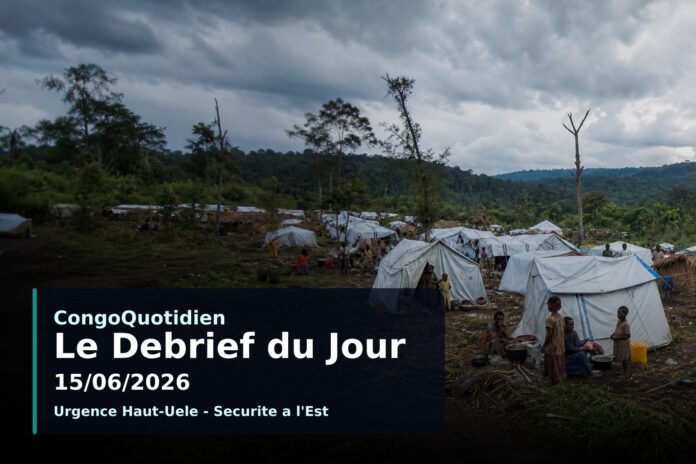 Carte de la RDC illustrant les actualités du 15 juin 2026 : crise humanitaire, santé, politique et sport