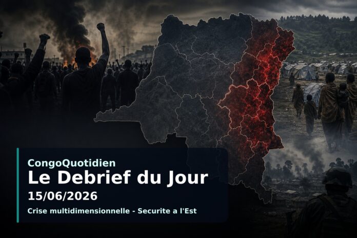 Illustration du débrief du 15 juin 2026 en RDC : carte du pays avec des symboles de crise sécuritaire, politique et humanitaire.
