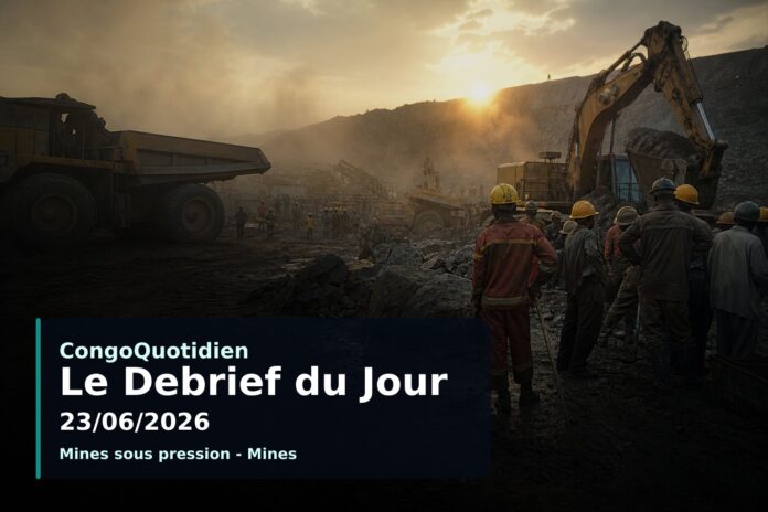 Site minier industriel en RDC avec silhouettes de travailleurs et atmosphère de tension sociale