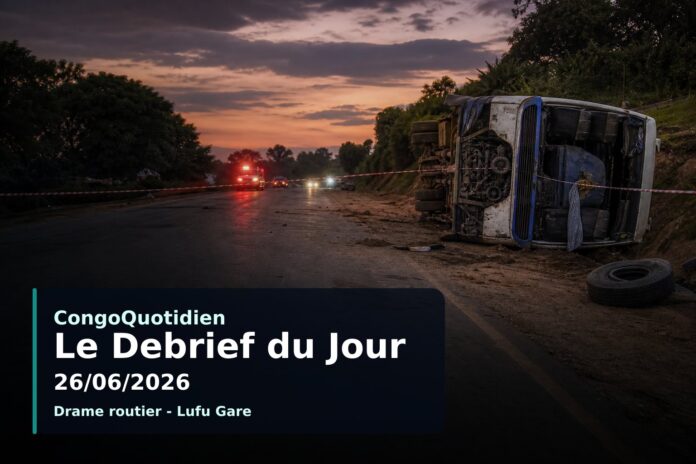 Route nationale en RDC avec traces d'accident et vehicules de secours en arriere-plan