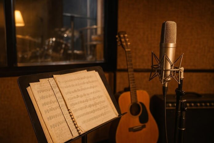 Studio d'enregistrement avec guitare et partitions
