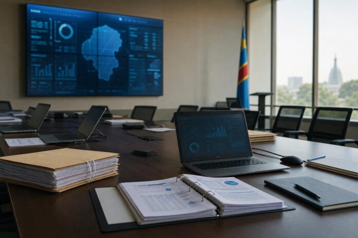 Salle de formation a Gombe avec ordinateurs portables, documents administratifs et interface numerique de controle economique