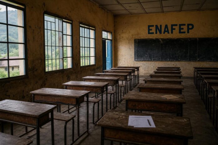 Salle d'examen vide avec pupitres inoccupés lors de l'ENAFEP à Oïcha