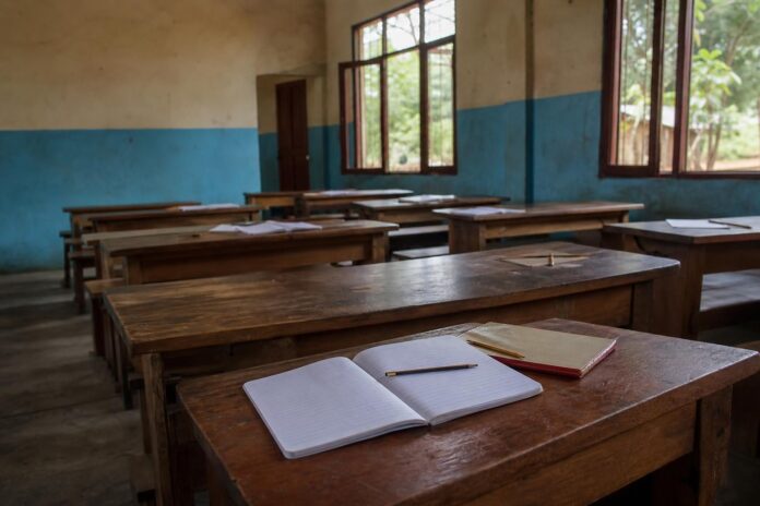 Élèves assis à des pupitres dans une salle de classe, surveillés par un enseignant