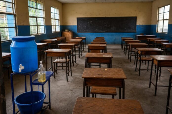 Élèves portant des masques se lavant les mains devant une salle d'examen