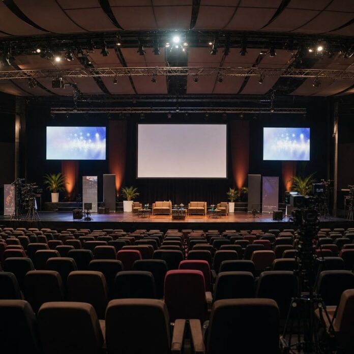Salle de lancement d un festival audiovisuel africain au Centre Wallonie Bruxelles a Kinshasa avec scene, ecrans et public