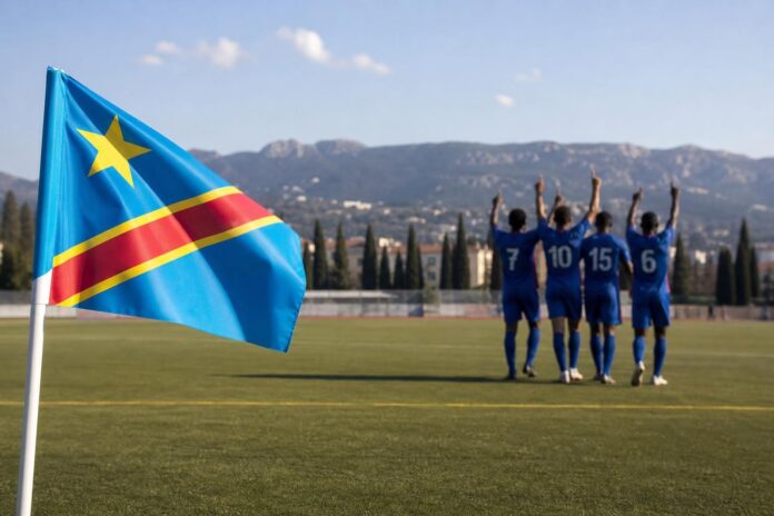 Des joueurs des Léopards U23 de la RDC célébrant un but face à la Chine lors du tournoi d’Aubagne en France