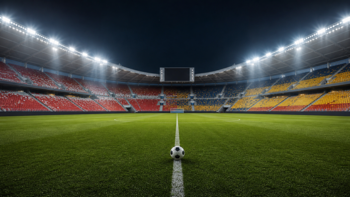 Terrain de football éclairé pour illustrer le match Géorgie Roumanie avant le Mondial 2026