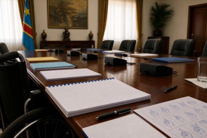 Documents de mémorandum posés sur une table de réunion institutionnelle à Kinshasa avec dossiers et stylos