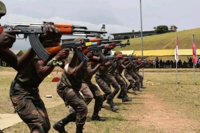 Soldats des FARDC en patrouille dans la forêt du Haut-Uele