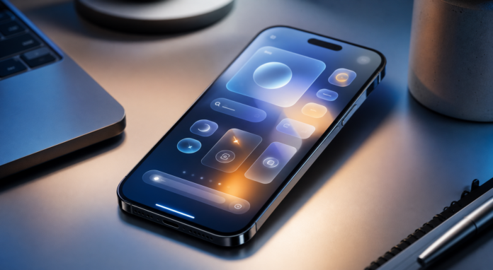 Illustration éditoriale neutre d'un smartphone moderne pour un article sur Siri AI et Apple Intelligence