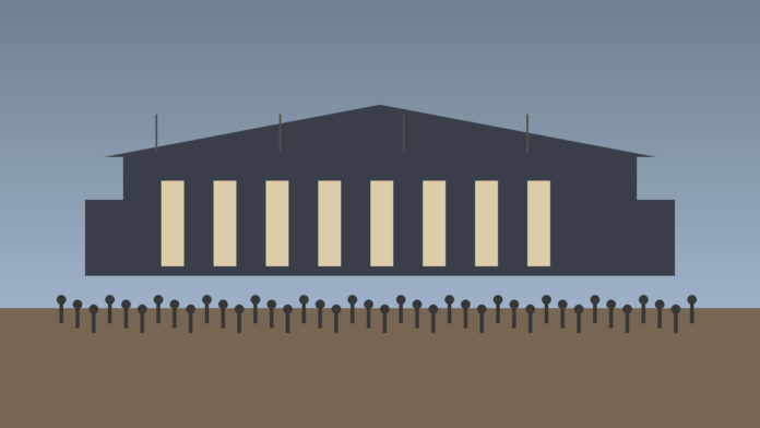 Batiment institutionnel stylise avec une foule en silhouette