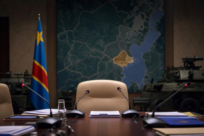 Plateau de discussion politique avec microphones, drapeaux congolais et carte du Nord-Kivu en arrière-plan sobre