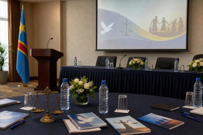 Salle de conférence d'un hôtel à Kinshasa lors du lancement du projet Facilité 1325 sur l'agenda Femmes, Paix et Sécurité