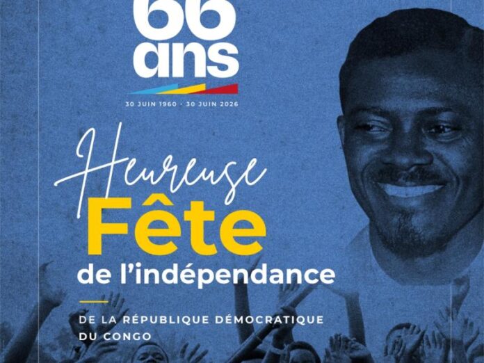 Bâtiment administratif officiel avec drapeaux congolais et documents liés à la gestion minière lors de la commémoration de l’indépendance