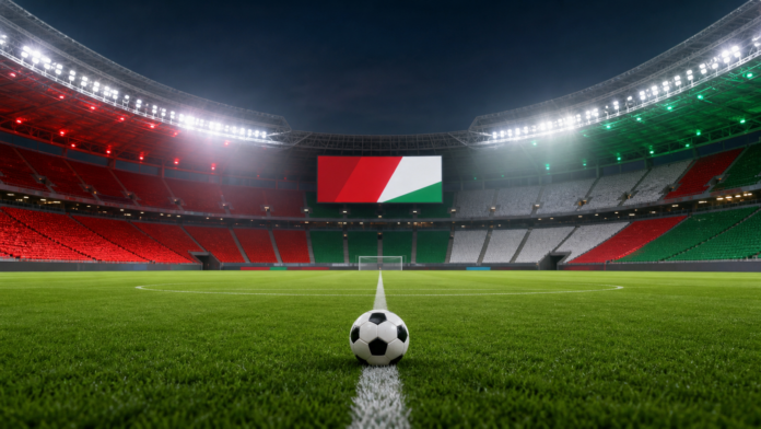 Terrain de football éclairé pour illustrer le match Maroc Madagascar avant le Mondial 2026