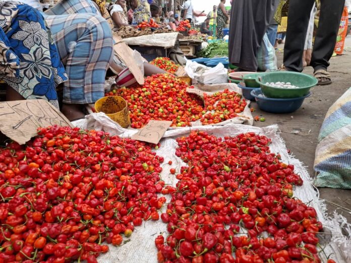 Femmes vendant des produits alimentaires au bord de la route à Matadi, avec des camions passant à proximité