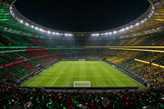 Illustration éditoriale neutre d'un stade de football pour un match Mexique-Afrique du Sud