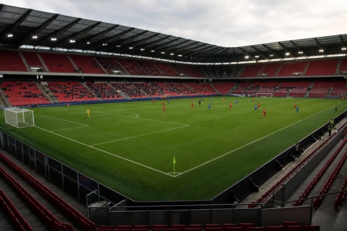 Joueurs de football sur le terrain lors du match amical RDC contre Danemark à Liège