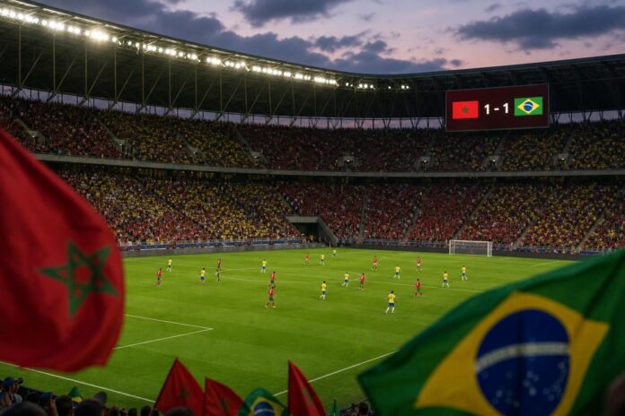 Joueurs de football marocains et brésiliens sur le terrain