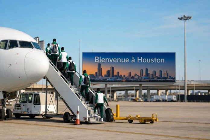 Joueurs de l'équipe nationale de football de la RDC descendant de l'avion à l'aéroport de Houston