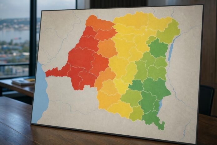 Carte de la RDC avec provinces en difficulté économique