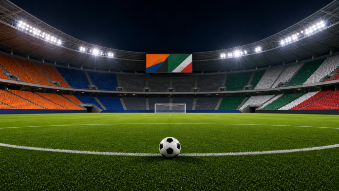 Terrain de football éclairé pour illustrer le match Pays-Bas Algérie