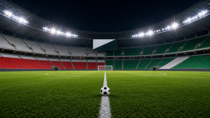 Terrain de football éclairé pour illustrer le match Pologne Nigeria
