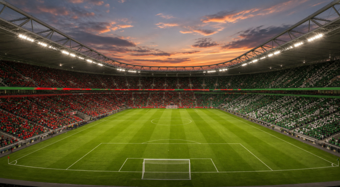 Illustration éditoriale neutre d'un stade de football pour un match Portugal-Nigeria