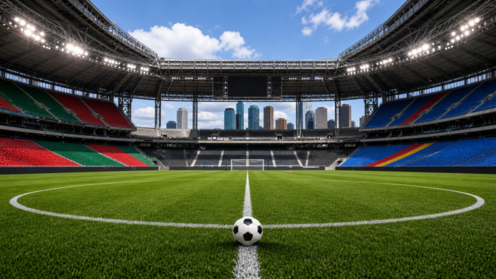 Stade de football éclairé pour illustrer Portugal RDC au Mondial 2026