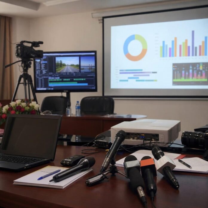 Salle de conference a Kinshasa avec ecrans, micros et supports numeriques lors de la presentation des resultats du projet Pamoja