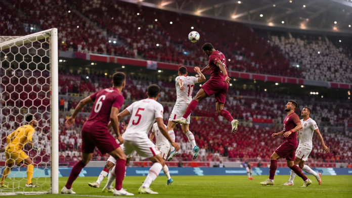 Illustration editoriale d'un match entre le Qatar et la Suisse en Coupe du monde 2026.