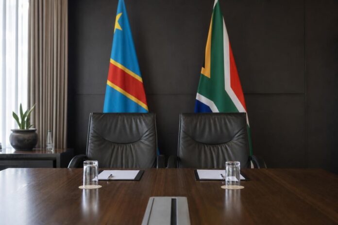 Drapeaux de la RDC et de l'Afrique du Sud avec des mains se serrant