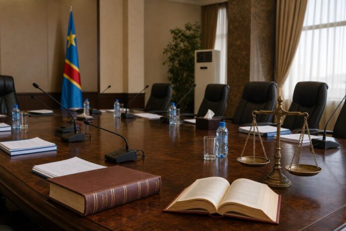 Documents institutionnels sur une table avec un drapeau congolais et une salle de réunion au fond