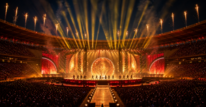 Illustration éditoriale neutre d'une grande scène de concert dans un stade pour un article sur Shakira et Burna Boy