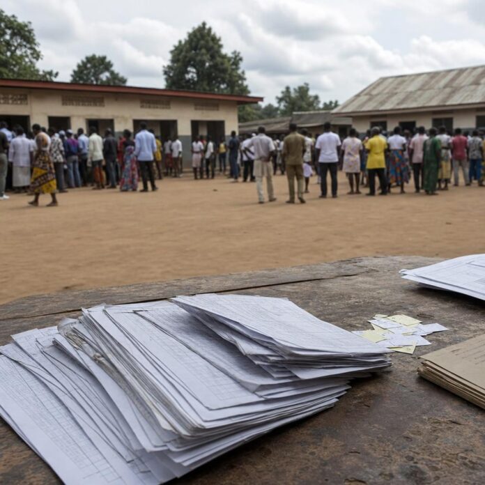 Eleves et parents devant un etablissement scolaire a Kananga apres la proclamation des resultats sans bulletins officiels
