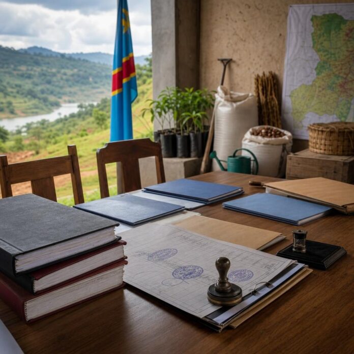 Registres administratifs et documents de coopératives disposés sur une table lors d'une cérémonie officielle à Kindu