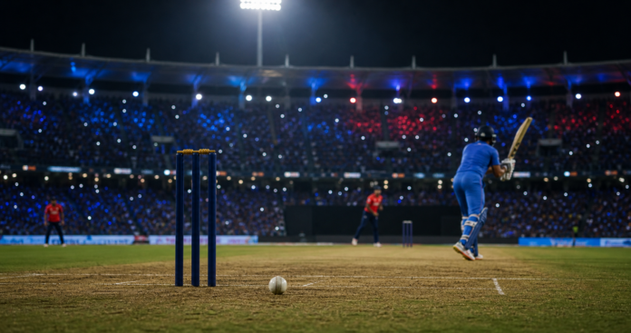 Illustration editoriale neutre pour un article sur Angleterre Inde en T20 a Manchester.