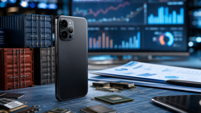 Illustration editoriale d'un smartphone pose devant des graphiques financiers et des composants electroniques.