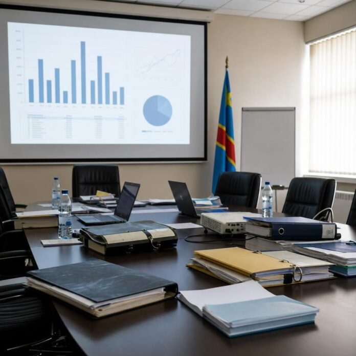 Réunion du conseil des ministres avec documents et ordinateurs