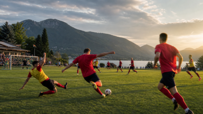 Scene editoriale d'un match de preparation domine par une equipe en rouge dans un decor alpin.