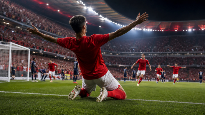 Illustration editoriale d'une celebration dans un grand stade europeen apres une large victoire.